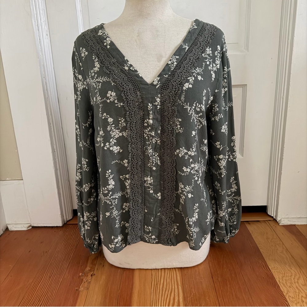 Skies Are Blue‎ Green Floral Boho Blouse Large